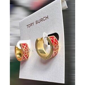 firm! AUTHENTIC TORY BURCH RED AND GOLD MONOGRAM LOGO HUGGIE EARRINGS